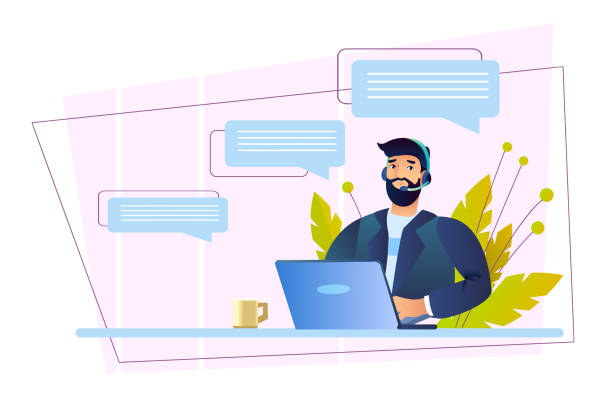 Customer support banner with smiling male character, leaves, laptop, abstract messages. Online consultation concept with confident man in a headset. Illustration in flat style for web pages, apps cpa forum stock illustrations