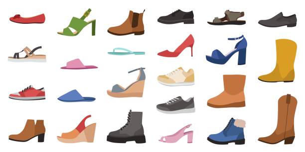 靴。メンズ、女性や子供は、異なるタイプを履き、トレンディなカジュアル、スタイリッシュなエレガントな魅力とフォーマルな靴の漫画のベクトルセット - sandal点のイラスト素材／クリップアート素材／マンガ素材／アイコン素材