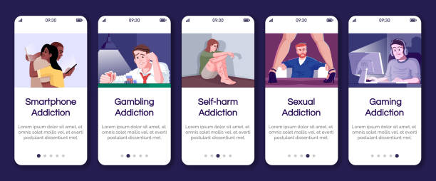 Addictions onboarding mobile app page screen vector template. Gambling obsession, self harm. Walkthrough website steps with flat characters. UX, UI, GUI smartphone cartoon interface concept Addictions onboarding mobile app page screen vector template. Gambling obsession, self harm. Walkthrough website steps with flat characters. UX, UI, GUI smartphone cartoon interface concept self harm stock illustrations