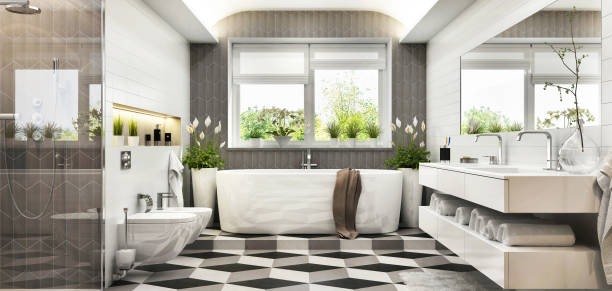 istock Beautiful bathroom with a modern bathtub 1221362904