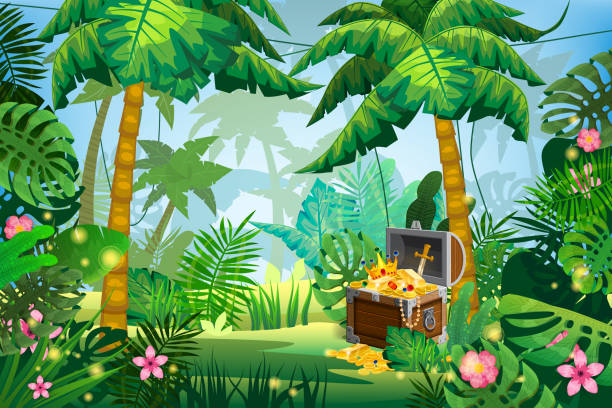 schatz piraten truhe voller goldmünzen edelsteine krone schwert. dschungel tropischen insel waldpalmen verschiedene exotische pflanzen blätter, blumen, lianen, flora, regenwald landschaft hintergrund. für design-spiel, apps, banner, drucke. vektor-illus - liana cartoon bush tropical climate stock-grafiken, -clipart, -cartoons und -symbole