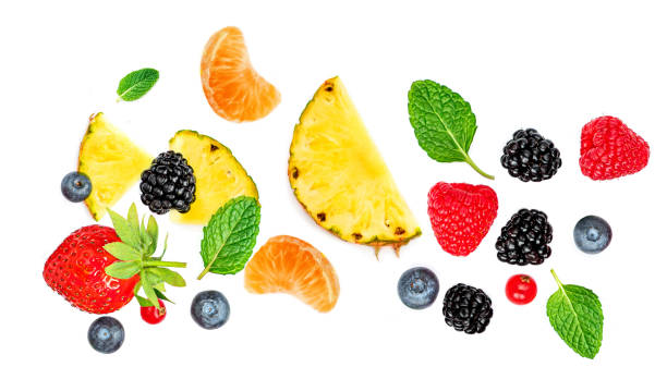 istock Fresh berries isolated on white background, top view. Strawberry, Raspberry, Blueberry and Mint leaf, flat lay 1221364170