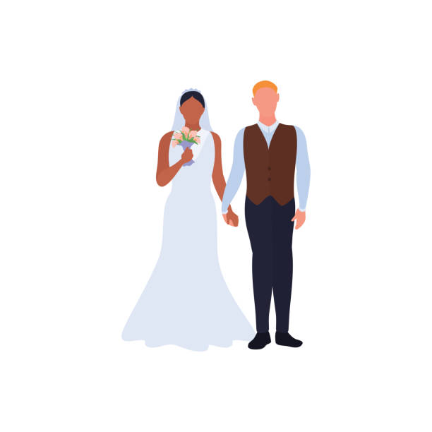 Beautiful young bride and groom, love couple holding hands on wedding day.Bridal ceremony. Vector illustration Beautiful young bride and groom, love couple holding hands on wedding day. African american woman in wedding dress with flowers bouquet. Caucasian groom in suit. Bridal ceremony. Vector illustration african bride and groom stock illustrations