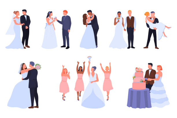 ilustraciones, imágenes clip art, dibujos animados e iconos de stock de conjunto de boda de dibujos animados con el novio y la novia en varias poses. colección de personajes de parejas de bodas. ceremonia nupcial - wedding groom bride two parent family