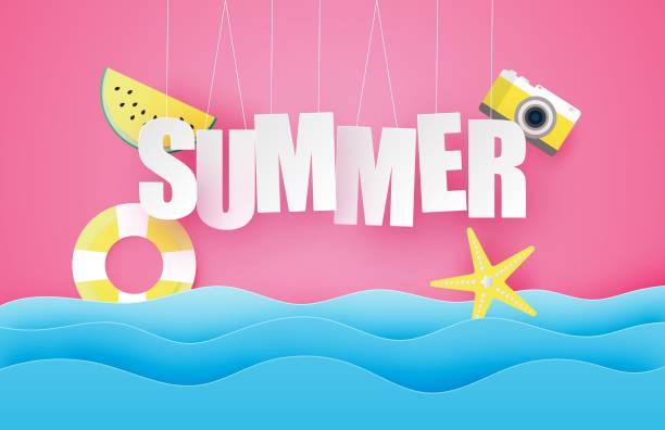 istock Hello summer poster or banner with hanging text, watermelon, swim ring, star over sea wave in paper cut style. Vector illustration digital craft paper art. wallpaper, backdrop, summer season. 1221365105