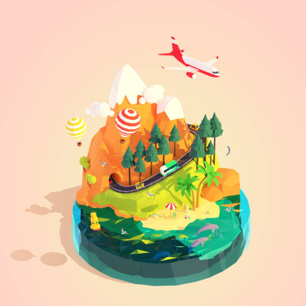 ilustraciones, imágenes clip art, dibujos animados e iconos de stock de viajes de verano isométricos vectoriales y vacaciones - isometric sea coastline beach