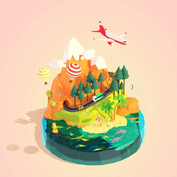 Vector illustration of Vector isometric summer travel and vacation
