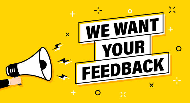 istock Male hand holding megaphone with We want your feedback speech bubble. Loudspeaker. Banner for business, marketing and advertising. Vector illustration. 1221366901