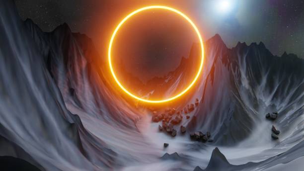 istock Abstract background of mountains and orange neon circle 1221368021