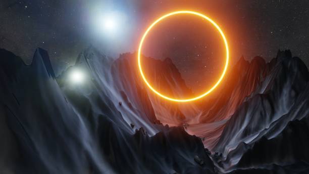 istock Abstract background of mountains and orange neon circle 1221368053