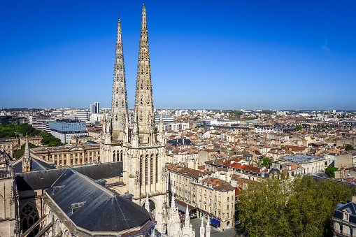 City of Bordeaux and Saint-Andre Cathedral Aerial view from the Pey-Berland tower, France