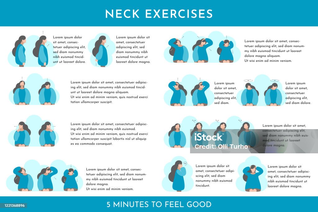Good Neck Vector Flat Illustration Set With Neck Exercises By Girl Stretching ...