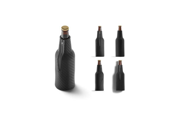 istock Blank black collapsible beer bottle koozie mock up, different views 1221369741