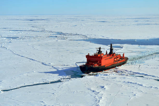 Russian Icebreaker on the water in Arctic Ocean toward to north pole red spot on the ice cup polar climate stock pictures, royalty-free photos & images