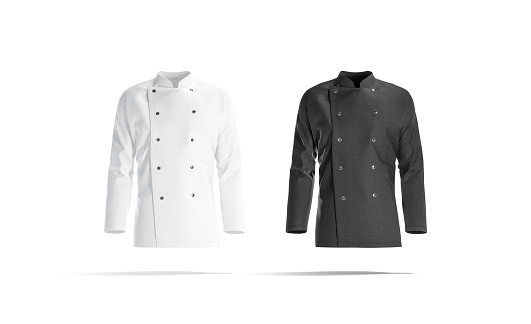 Juego de maquetas de chaqueta de chef en blanco y negro en blanco, vista frontal photo