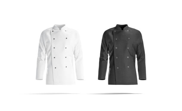 Blank black and white chef jacket mockup set, front view Blank black and white chef jacket mockup set, front view, 3d rendering. Empty cotton master protect overcoat mock up , isolated. Clear service or chief clothe barathea mokcup template. coat garment stock pictures, royalty-free photos & images