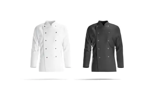 Blank black and white chef jacket mockup set, front view, 3d rendering. Empty cotton master protect overcoat mock up , isolated. Clear service or chief clothe barathea mokcup template.