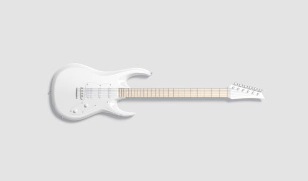 istock Blank white electric guitar mock up, gray background 1221370160
