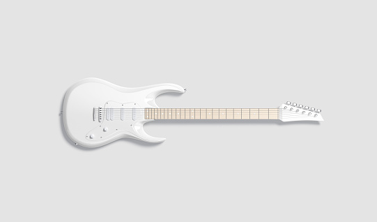 Blank white electric guitar mock up, gray background, 3d rendering. Empty pick-up gutar for metal or rock melody mockup, top view. Clear electronic instrumental for musical player mokcup template.