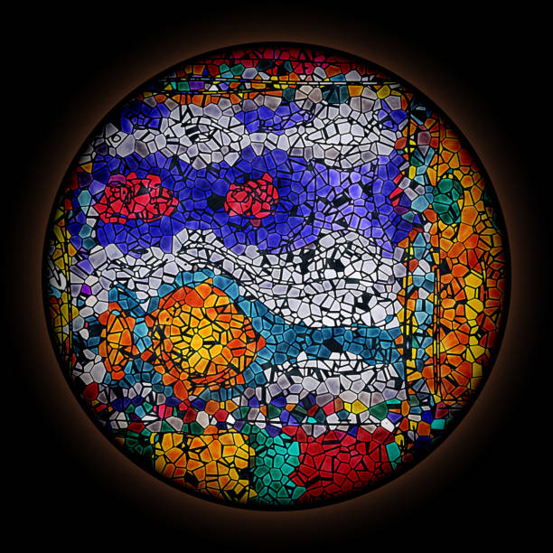 istock Colorful pattern in style of Gothic stained glass window with round frame. Multicolored abstract ornament. 1221372986