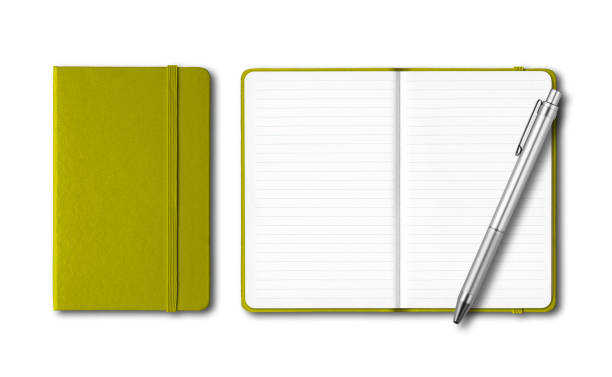 istock Olive green closed and open notebooks with a pen isolated on white 1221373350