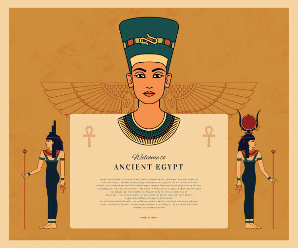 ilustraciones, imágenes clip art, dibujos animados e iconos de stock de plantilla con lugar para el texto y la bondad egipcia isis, hathor, reina nefertiti y sol alado egipcio - hieroglyphics egypt egyptian culture nefertiti