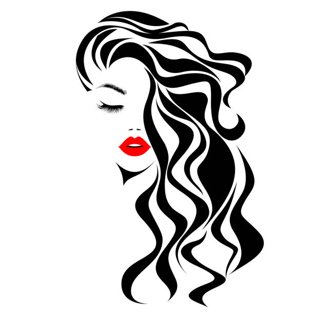 piękna seksowna twarz kobiety, czerwone usta, kręcone czarne włosy, fryzjer mody, projektowanie elementów, salon spa. logo urody. ilustracja wektorowa. izolowane na białym. - human hair shampoo hair salon design stock illustrations