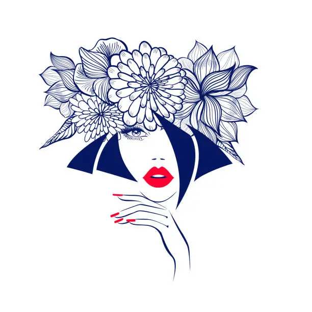 Vector illustration of Beautiful woman face red lips, hand with red manicure nails, stylish hairstyle. Beauty Logo. Vector illustration, diadem flowers, floral motive, abstract flowers, spa salon, sign, symbol, nails studio