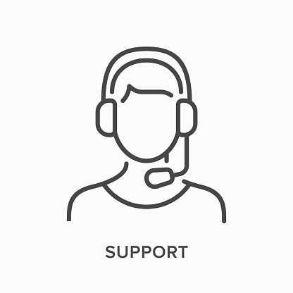 Support line icon. Vector outline illustration of customer assistant in headphones with microphone. Helpline operator in pictorgam.