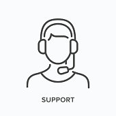 istock Support line icon. Vector outline illustration of customer assistant in headphones with microphone. Helpline operator in pictorgam 1221377954
