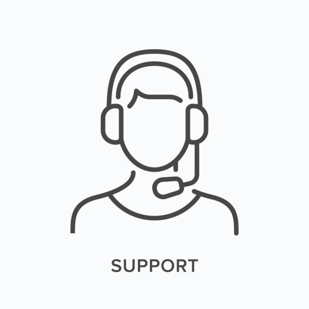 Support line icon. Vector outline illustration of customer assistant in headphones with microphone. Helpline operator in pictorgam Support line icon. Vector outline illustration of customer assistant in headphones with microphone. Helpline operator in pictorgam. receptionist stock illustrations