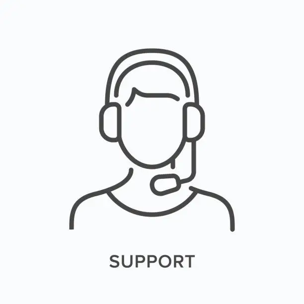 Vector illustration of Support line icon. Vector outline illustration of customer assistant in headphones with microphone. Helpline operator in pictorgam