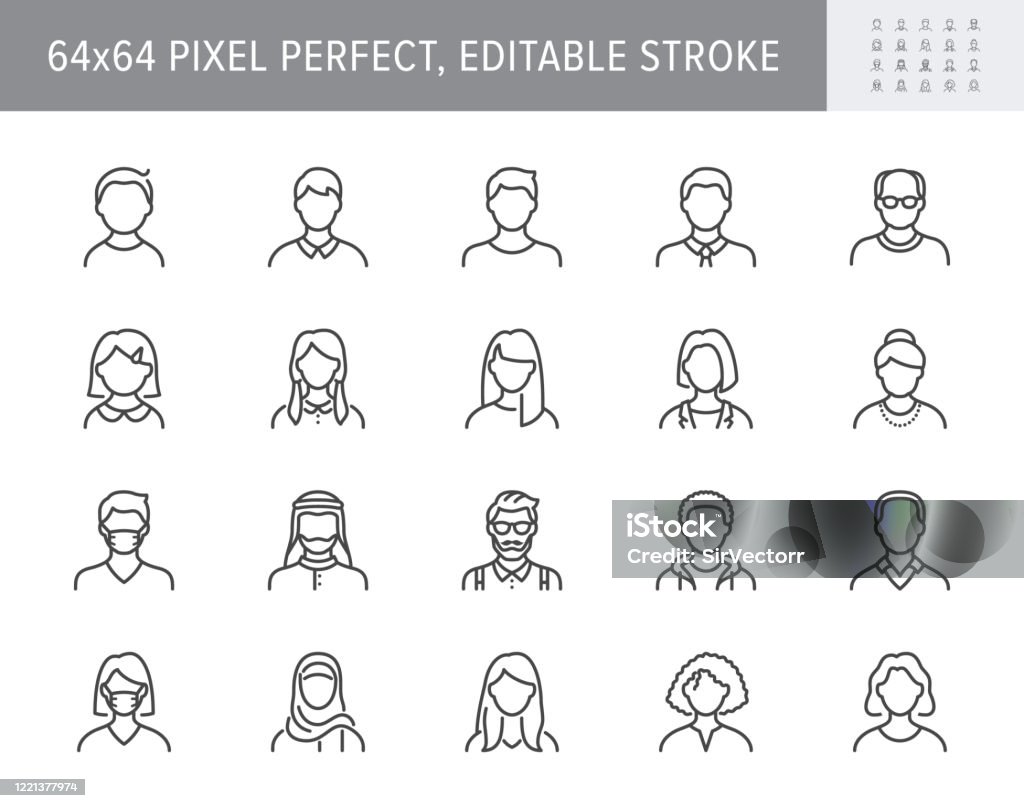 Mensen avatar lijn pictogrammen. De illustratie van de vector omvatte pictogram als mens, wijfje, moslim, hogere, volwassen en jonge menselijke overzichtspictogram voor gebruikersprofiel. 64x64 Pixel perfecte bewerkbare slag - Royalty-free Pictogram vectorkunst
