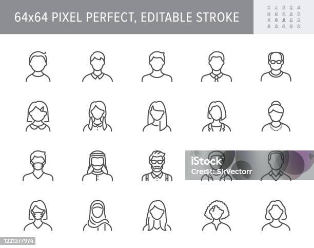 Människor Avatar Linje Ikoner Vektorillustration Inkluderade Ikon Som Man Kvinna Muslim Senior Vuxen Och Ung Mänsklig Dispositionspiktogram För Användarprofil 64x64 Pixel Perfekt Redigerbar Linje-vektorgrafik och fler bilder på Ikon