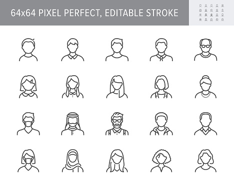 People avatar line icons. Vector illustration included icon as man, female, muslim, senior, adult and young human outline pictogram for user profile. 64x64 Pixel Perfect Editable Stroke.