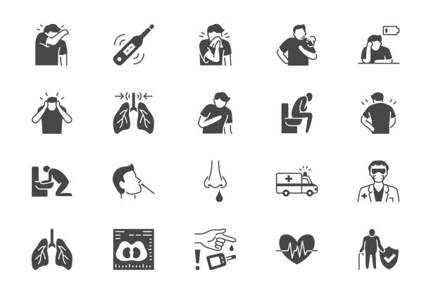 ilustrações de stock, clip art, desenhos animados e ícones de coronavirus, flue virus symptoms flat icons. vector illustration included icon as cough, fever, lung ct scan, pneumonia prevention black silhouette pictogram for medical infographic - exhaustion