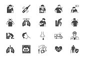 Coronavirus, flue virus symptoms flat icons. Vector illustration included icon as cough, fever, lung ct scan, pneumonia prevention black silhouette pictogram for medical infographic
