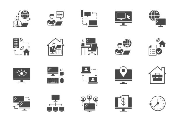 Work from home flat icons. Vector illustration included icon as freelance worker with laptop, workspace, pc monitor, business black silhouette pictogram for online job Work from home flat icons. Vector illustration included icon as freelance worker with laptop, workspace, pc monitor, business black silhouette pictogram for online job. computer silhouettes stock illustrations