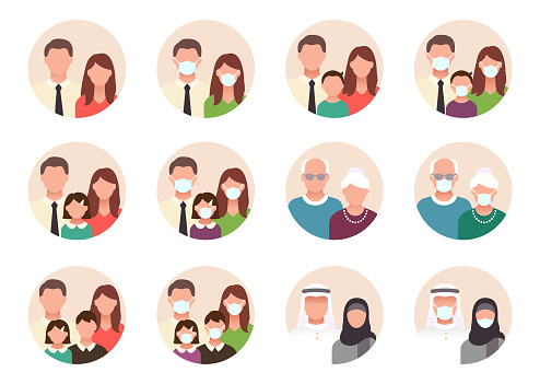 People avatar flat icons. Vector illustration included icon as man, female head, muslim, senior, familes and couples human face pictogram for user profile. Round colored cartoon portraits.