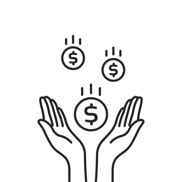 illustrazioni stock, clip art, cartoni animati e icone di tendenza di monete in dollari in calo con le mani contorno nere - gift charity and relief work giving human hand