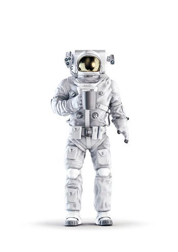 3D illustration of space suit wearing male figure holding cup of coffee isolated on white studio background