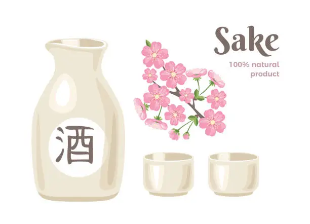 Vector illustration of Sake isolated on white background. Ceramic light bottle with Japanese rice wine, two cups and pink sakura flowers. Vector illustration of alcoholic drink in cartoon flat style.