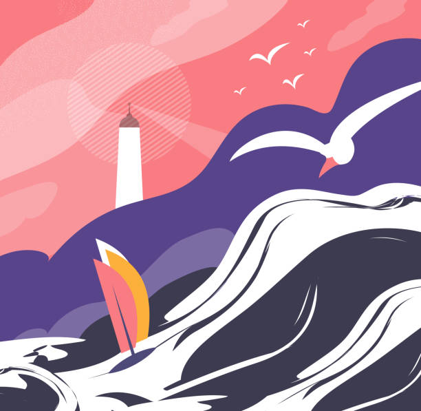 illustrations, cliparts, dessins animés et icônes de illustration de vecteur plat de concept plat d’océan de tempête - sea storm lighthouse rough