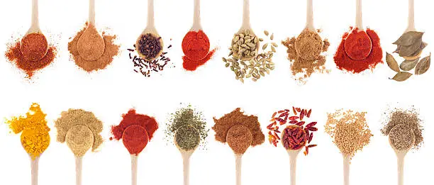 Photo of A collection of different spices on wooden spoons