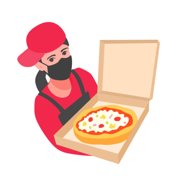 illustrations, cliparts, dessins animés et icônes de une fille retenant une boîte ouverte avec une pizza. jeune femme adulte dans une casquette rouge de base-ball, masque noir. prévention de la maladie. - pizza pizza box cartoon take out food