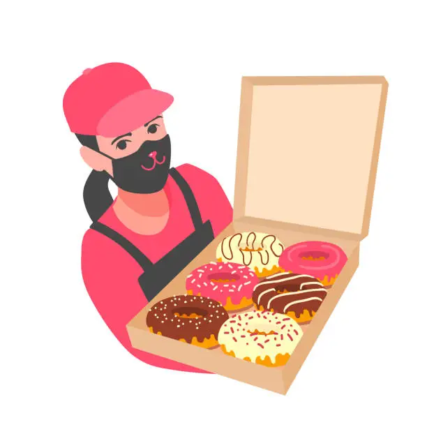Vector illustration of A girl holding an open box with donuts. Young adult woman in a red baseball cap, black mask. Sickness prevention.