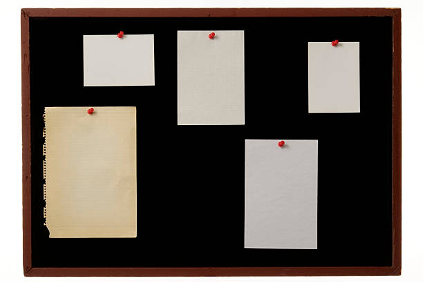 Old wooden black felt bulletin board with blank note isolated on white background.