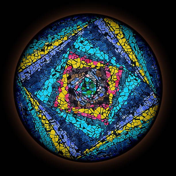 istock Colorful pattern in style of Gothic stained glass window with round frame. Multicolored Spiral Pattern. 1221385674