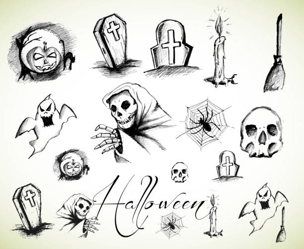 illustrazioni stock, clip art, cartoni animati e icone di tendenza di collezione vettoriale disegni a mano di halloween - animal skeleton illustrations