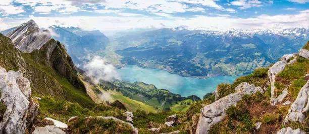 Panoramic view of Lake Walen in the cantons of St. Gallen and Glarus in Switzerland from the Churfirsten